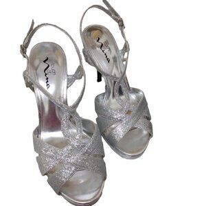 Nina | Silver Glitter Strappy Heels | Size 9.5